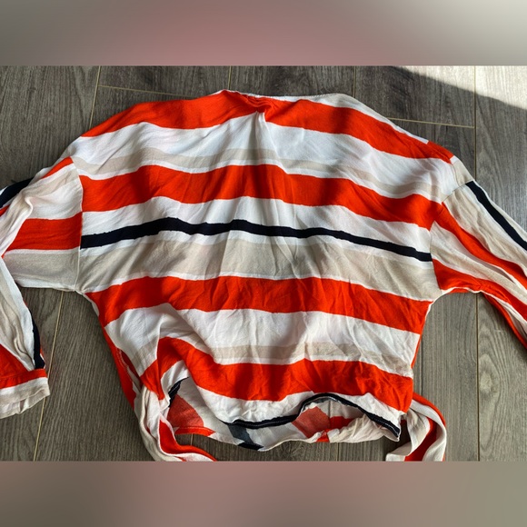 ZARA orange- red, white, cream & black striped wrap and tie cropped blouse - Picture 8 of 11